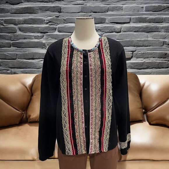 Chicos Black Silk Blend Cardigan Lace/Velvet Trim XL Boho Chic Retro Festival - Picture 1 of 8